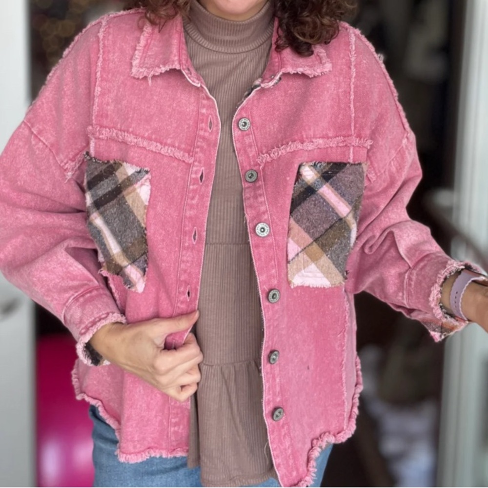 Umgee NWT Pink Denim Jacket with Plaid Pockets